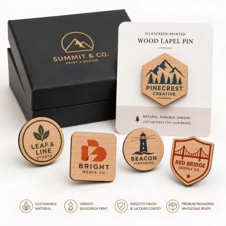 Silkscreen-printed wooden lapel pins in vibrant geometric and corporate designs with premium packaging.