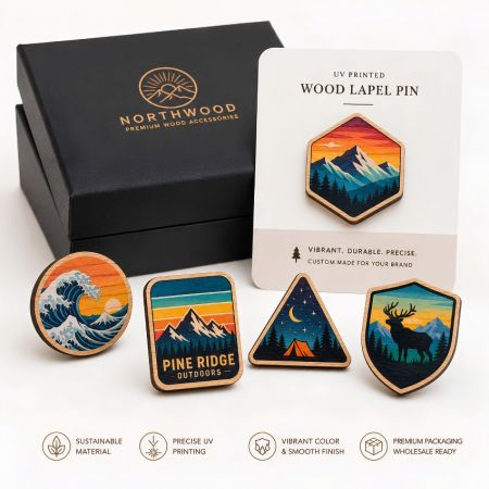 Full-color UV printed wooden lapel pins featuring scenic mountain, wave, tent, and deer wildlife graphics.