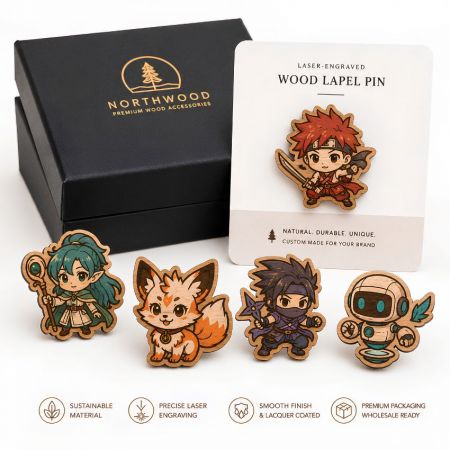 Wholesale anime character and robot custom wood lapel pins with precise laser engraving and lacquer finish.