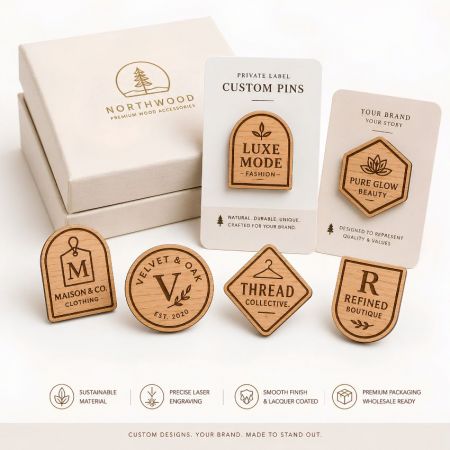 Private label fashion boutique wooden lapel pins with engraved hanger, tag, and geometric logo concepts.