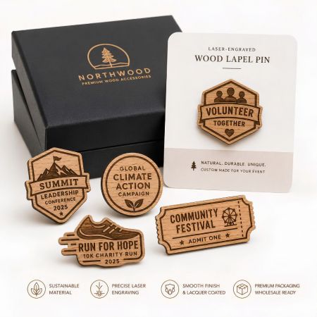 Event promotional wood lapel pins for charities, volunteer campaigns, and corporate conferences.