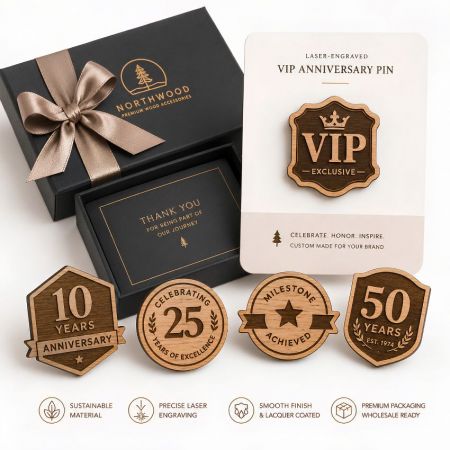 Corporate anniversary wood lapel pins for 10, 25, and 50 years milestone recognition gifts.