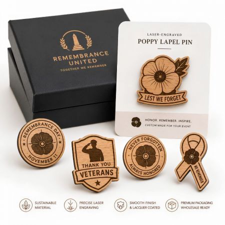 Commemorative poppy wood lapel pins for Remembrance Day and Veterans Day honor programs.