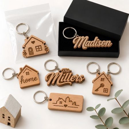 House-shaped custom wooden keychains engraved with names, ideal promotional closing gifts for real estate agents.