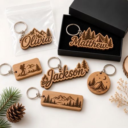 Laser-engraved wood keychains with outdoor mountain and camping designs for national parks and adventure brands.