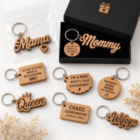 Custom engraved wooden keychains with humorous quotes, perfect wholesale merchandise for Mother's Day retail sales.