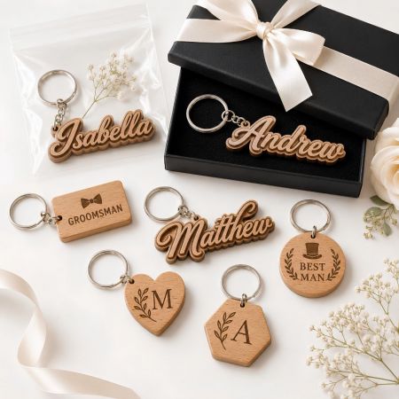 Personalized wooden keychains for wedding parties, featuring bridesmaid names and best man gift engraving options.