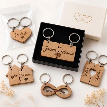 Interlocking puzzle-piece custom wood keychains with engraved names for couples gifts and promotional souvenirs.