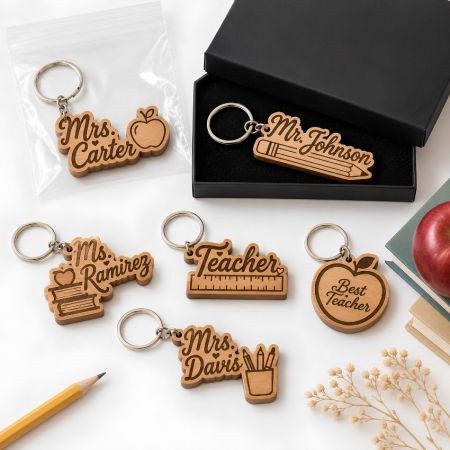 Teacher appreciation custom wooden keychains shaped like apples and rulers for school bookstore merchandise.