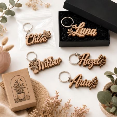 Botanical-themed personalized laser-cut wood keychains with engraved plant silhouettes for boutique gift shops.