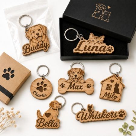 Custom pet-shaped wooden keychains with engraved dog and cat portraits for veterinary and pet shop promotions.