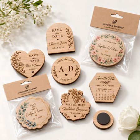 Save the date wooden magnets featuring engraved calendars and floral details, ideal for wedding favor wholesale suppliers.
