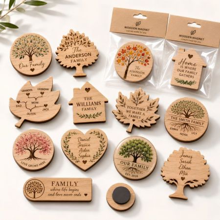Personalized family tree wooden magnets in heart and leaf shapes, perfect for custom souvenir gift shop inventories.