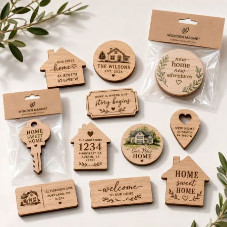House-shaped custom engraved wooden magnets with addresses, serving as promotional branding closing gifts for real estate.