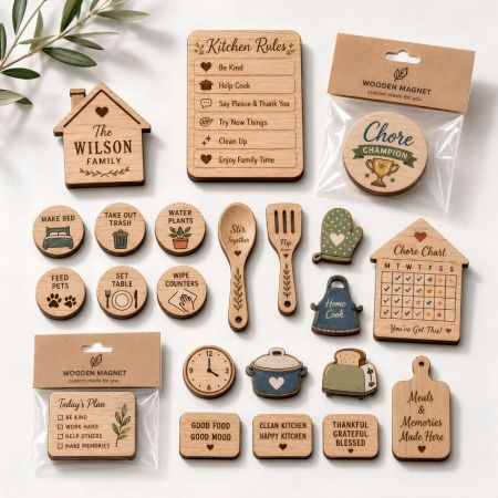 Custom chore chart wooden magnets and kitchen rule tokens for family organization, suitable for home decor retailers.
