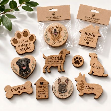 Personalized dog portrait wooden magnets in paw and bone shapes, designed for veterinary and pet industry promotions.