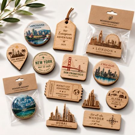 Travel souvenir custom wooden magnets displaying city skylines and landmarks for tourism and gift shop distribution.