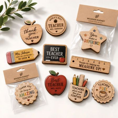 Teacher appreciation custom wooden magnets shaped like apples and pencils, great for school gift vendor merchandise.