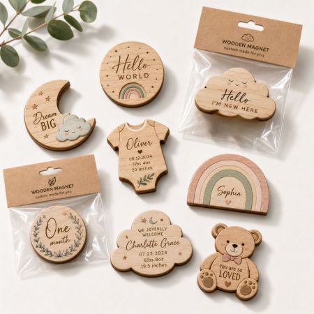 Custom baby announcement wooden magnets featuring name, birth weight, and rainbow graphics for infant retail stores.