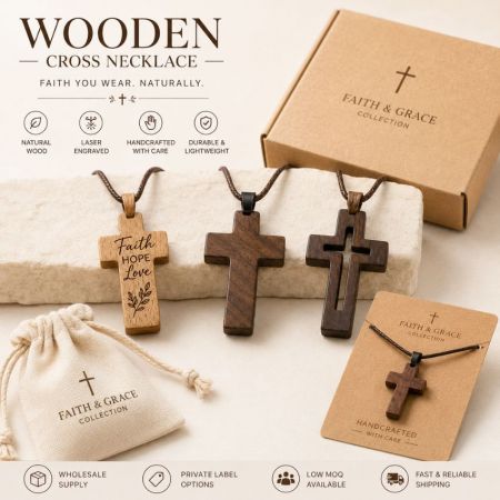 Private label wood cross pendant necklaces with custom laser engraving, shown with branded gift packaging.