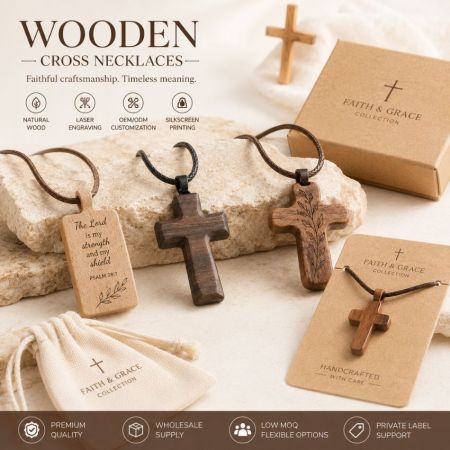 Custom engraved scripture rectangle tag and wooden cross necklaces with a cotton pouch and kraft box.