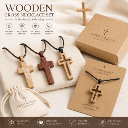 Artisan wood cross necklace set showcasing printed floral, solid mahogany, and hollowed-out maple designs.