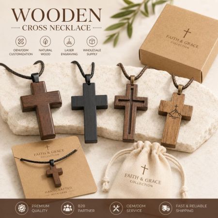 OEM/ODM custom wooden cross pendants in ebony, walnut, and mahogany wood with laser-engraved details.