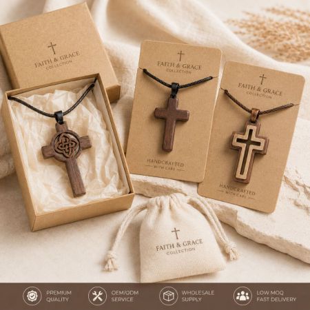 Celtic knot engraved wood cross necklace inside a gift box, displayed alongside minimalist cross pendants.