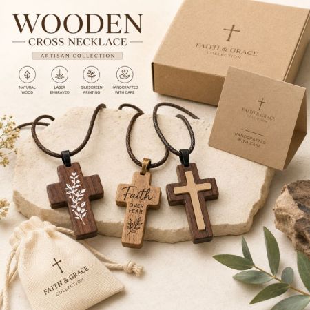 Two-tone inlaid and engraved artisan wooden cross necklaces with eco-friendly wholesale presentation packaging.