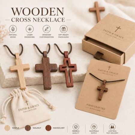 Premium maple, walnut, and mahogany wooden cross necklaces shown with a slide-out drawer packaging box.