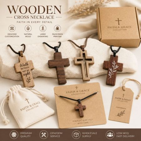 B2B promotional wood cross necklaces with custom-branded hang tags, display cards, and drawstring pouches.