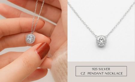 Model showcasing the dainty 925 Silver CZ Pendant Necklace, perfect for everyday wear.