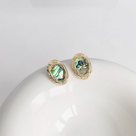 A pair of oval abalone shell earrings with textured gold-tone metal settings.