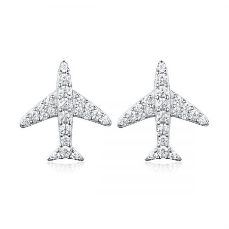 Detailed view of the sparkling cubic zirconia airplane stud earrings.