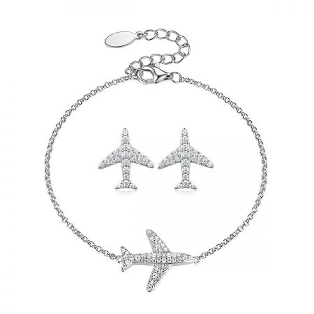 Minimalist 925 Silver CZ Airplane Bracelet and Earrings Set - A complete minimalist airplane-themed jewelry set in 925 sterling silver, featuring a delicate bracelet and matching earrings encrusted with sparkling cubic zirconia.