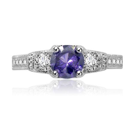 Purple Amethyst Elegant Engagement Ring - Front view of the Purple Amethyst Elegant Engagement Ring, featuring a large violet cubic zirconia in a 4-claw setting, flanked by smaller white stones on a rhodium-plated band.