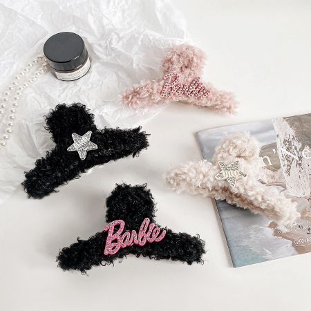 Wholesale Stylish Plush Claw Hair Clips (5 pcs/set) - A collection of wholesale cute plush claw hair clips in various styles, including Barbie-themed, star-shaped, and rhinestone-decorated designs, displayed on a pink background.