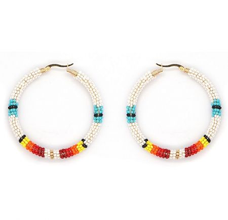 Rainbow Summer Miyuki Bead Big Hoop Earring - A pair of Rainbow Summer Miyuki Bead Big Hoop Earrings, showcasing the vibrant, colorful bead pattern on a gold-plated stainless steel hoop.