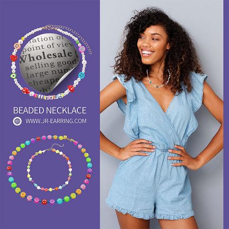 Beaded Necklace With Charms - Close-up of the Beaded Necklace With Charms (JRN-065), showcasing its colorful acrylic beads and gold-plated alloy chain, available for wholesale from JR Fashion Accessories.