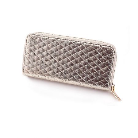 Luxury PU Leather Zipped Wallet Purse Wholesale - A stylish beige quilted PU leather wallet with a gold zipper, showcasing its luxurious texture and design. Ideal for wholesale fashion accessories.