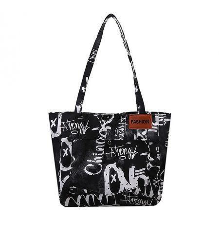 Hand Printed Tote Bag - Front view of a custom hand-printed tote bag in black and white with a bold graffiti-style 'FASHION' design, made from PU leather.