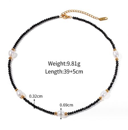 A stylish black beaded bracelet with pearl and gold accents, perfect for pairing with the necklace.