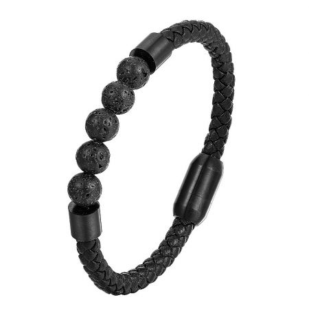 Men's retro bracelet with braided black leather and lava rock beads