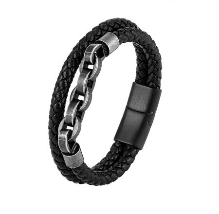 Leather Men's Bracelet - Stylish men's braided leather bracelet with a durable stainless steel clasp, showcasing a rugged yet refined design.