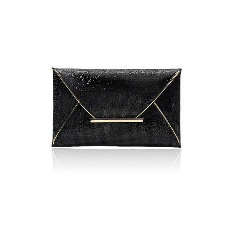 Elegant black evening clutch purse with striking gold metal details.