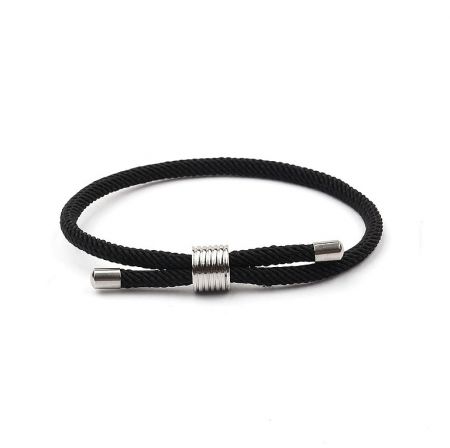 Close-up of the black nylon rope adjustable bracelet with a silver stainless steel clasp.