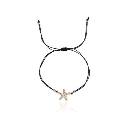 Starfish Cord Bracelet with Crystal Charm - A stylish black cord bracelet featuring an elegant gold-plated starfish charm with sparkling crystal accents, displayed on a white background.