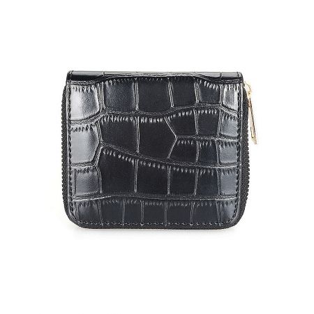 Black Croc Short Zip Purse Wholesale - Front view of the Black Croc Short Zip Purse, showcasing its elegant crocodile skin texture in PU leather and gold-toned side zipper.