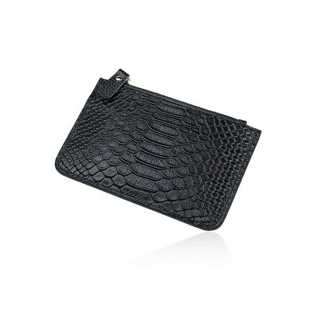 Sleek black leather coin purse with a distinctive crocodile skin texture.