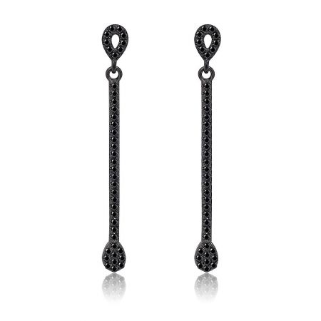 Black CZ Bar Dangle Earring - A pair of Black CZ Bar Dangle Earrings with a long, slender design, adorned with small black cubic zirconia stones.
